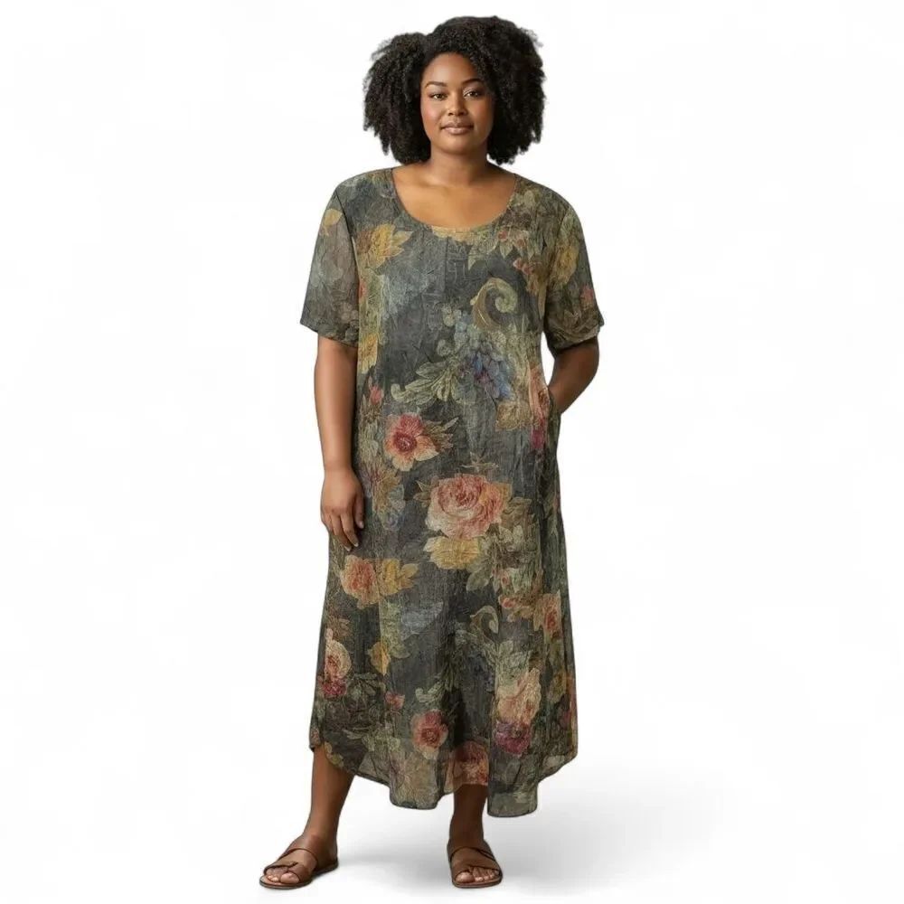 Christy Lyn Vintage Green Floral Crinkle Chiffon Maxi Dress